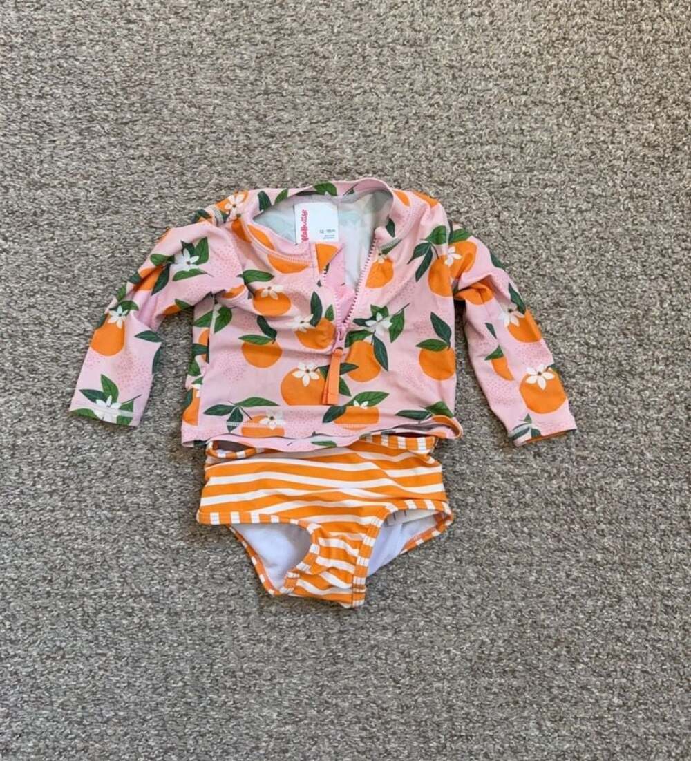 RuffleButts Baby Girls Orange Print Long Sleeve Rash Guard Swim Set 12-18m